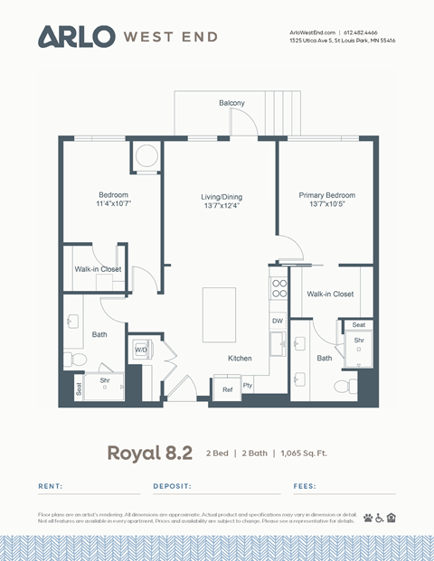 Floor plan for 2 beds, 2 baths, 1065 sqft